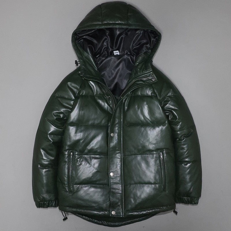 Men's and women's genuine leather down jackets with mild wax dyeing and wrinkled top layer.