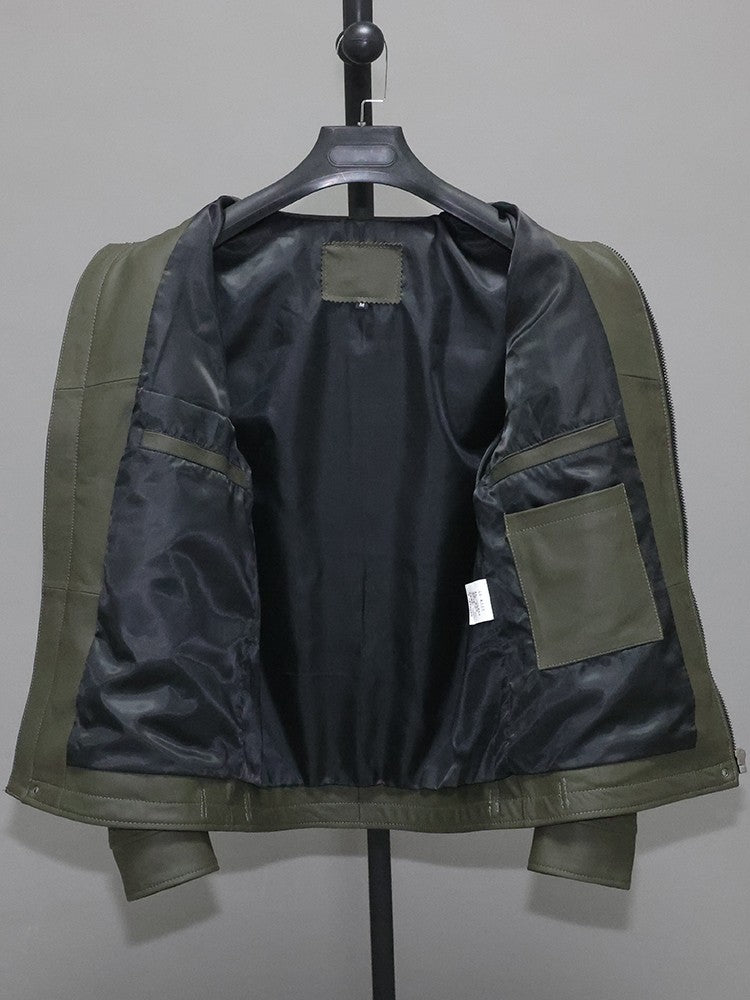 Green top layer leather jacket