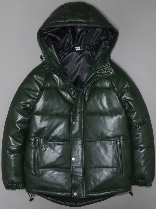 Men's and women's genuine leather down jackets with mild wax dyeing and wrinkled top layer.
