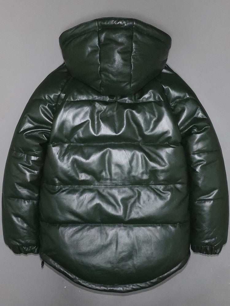 Men's and women's genuine leather down jackets with mild wax dyeing and wrinkled top layer.