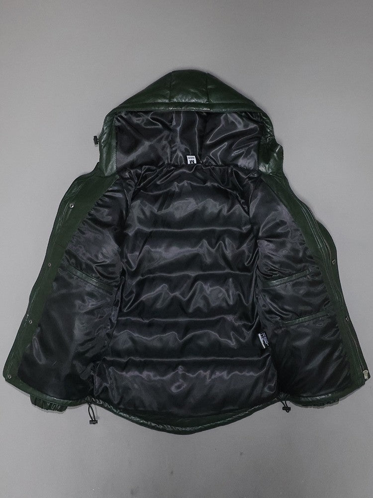 Men's and women's genuine leather down jackets with mild wax dyeing and wrinkled top layer.